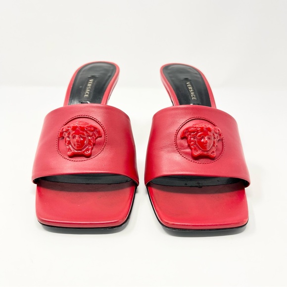 Versace Womens La Medusa Leather Shoes Heels Slides Mules Red Black 36.5 6.5 - Picture 3 of 11
